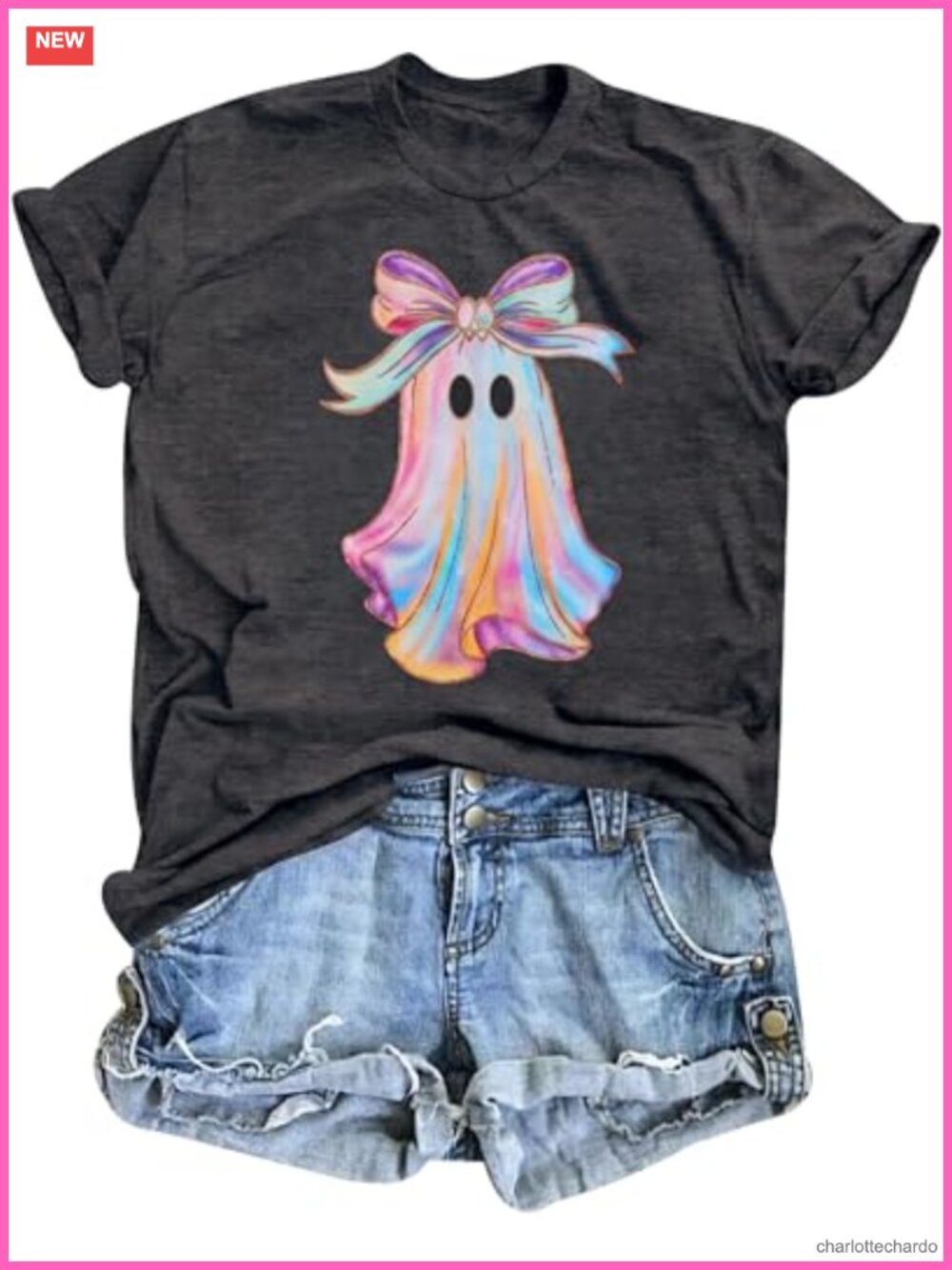 Halloween Bow Ghost Graphic Tee Cute Spooky T-Shirt for Women Casual Crew Neck